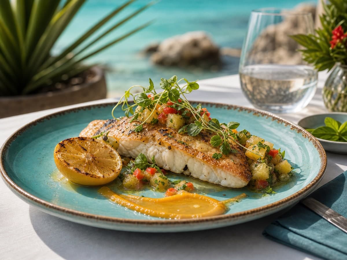 Plato de pescado fresco servido junto al mar